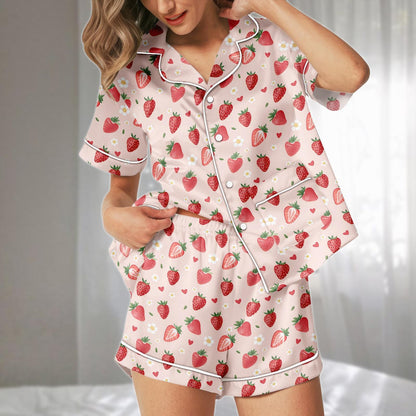 Kawaii Strawberry Satin Pajamas Short Set, Pink Heart And Floral Sleepwear, Cute Summer Pajamas Set, Matching Pajamas, Gift For Her