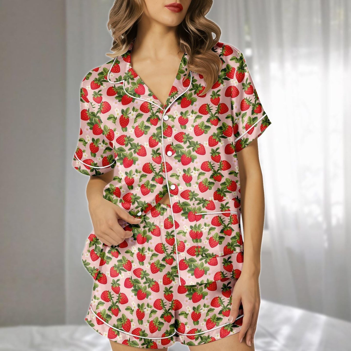 Cute Strawberry Satin Pajamas Set, Short Summer Sleepwear Set For Women, Girly Loungewear, Matching Pajamas Set, Gift For Her