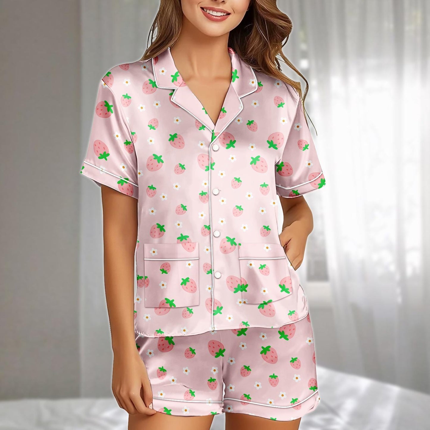 Strawberry Satin Pajamas Short Set, Pink Fruit And Flower Print Womens Pj Set, Cute Sleepwear For Summer Nights, Gift For Her