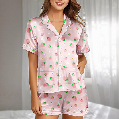 Strawberry Satin Pajamas Short Set, Pink Fruit And Flower Print Womens Pj Set, Cute Sleepwear For Summer Nights, Gift For Her