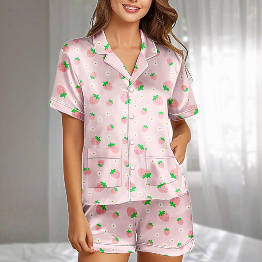 Strawberry Satin Pajamas Short Set, Pink Fruit And Flower Print Womens Pj Set, Cute Sleepwear For Summer Nights, Gift For Her