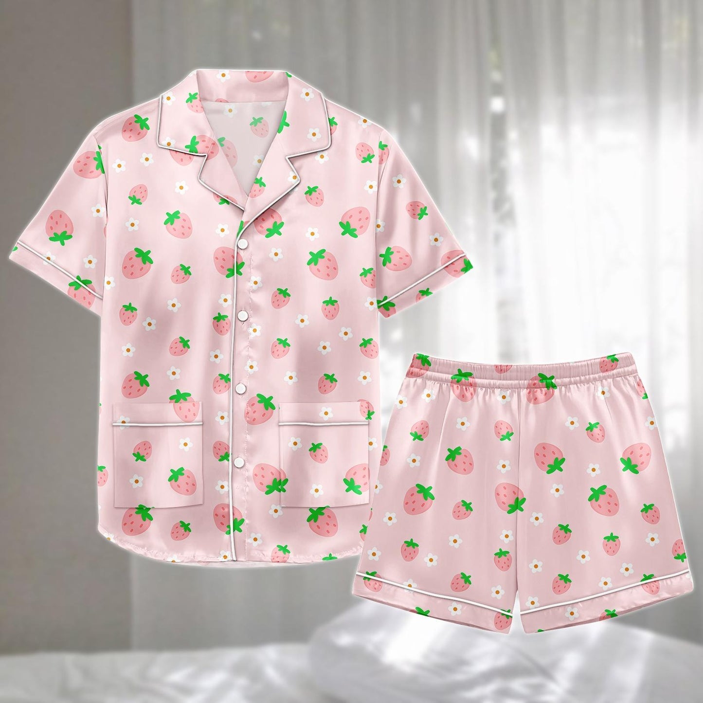 Strawberry Satin Pajamas Short Set, Pink Fruit And Flower Print Womens Pj Set, Cute Sleepwear For Summer Nights, Gift For Her