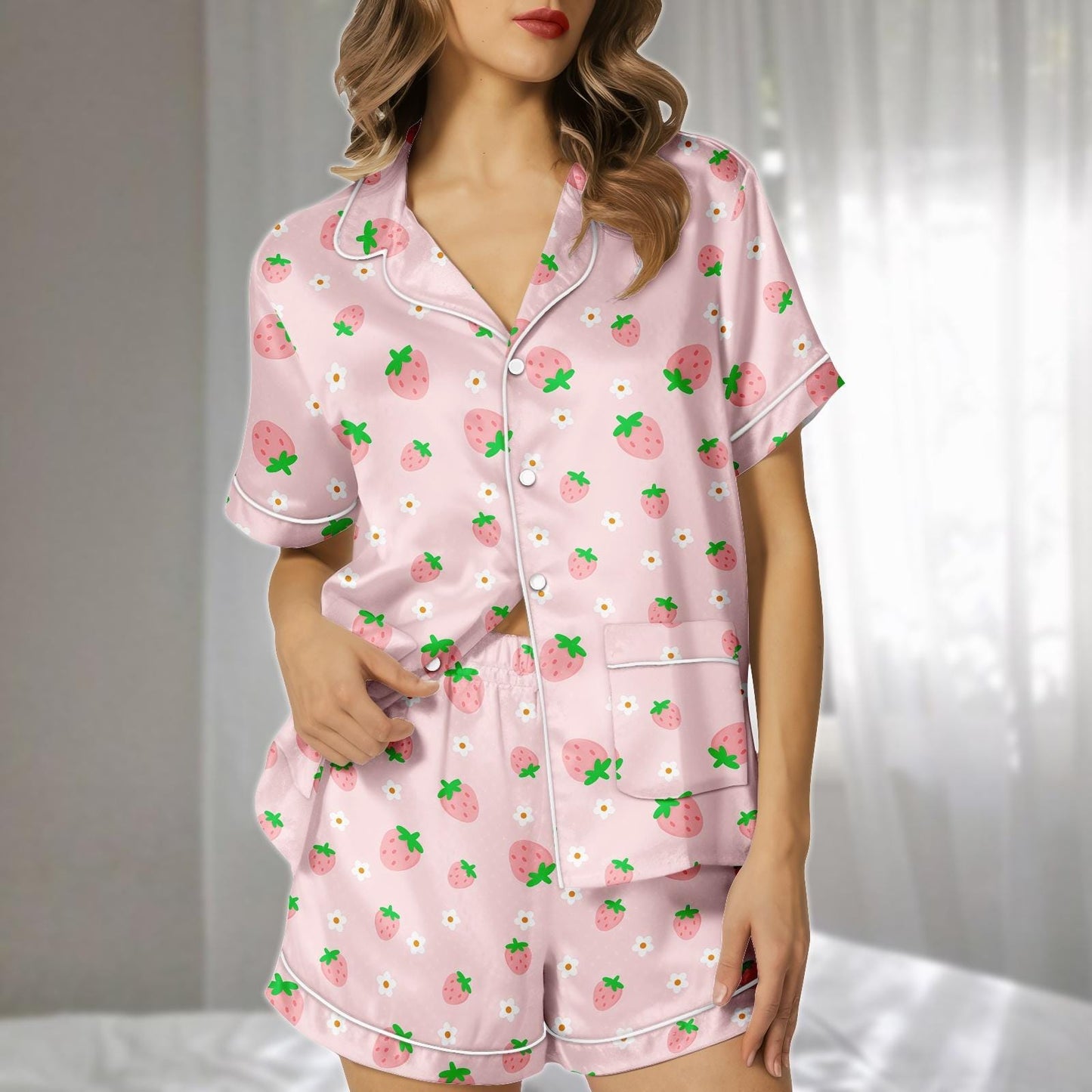 Strawberry Satin Pajamas Short Set, Pink Fruit And Flower Print Womens Pj Set, Cute Sleepwear For Summer Nights, Gift For Her
