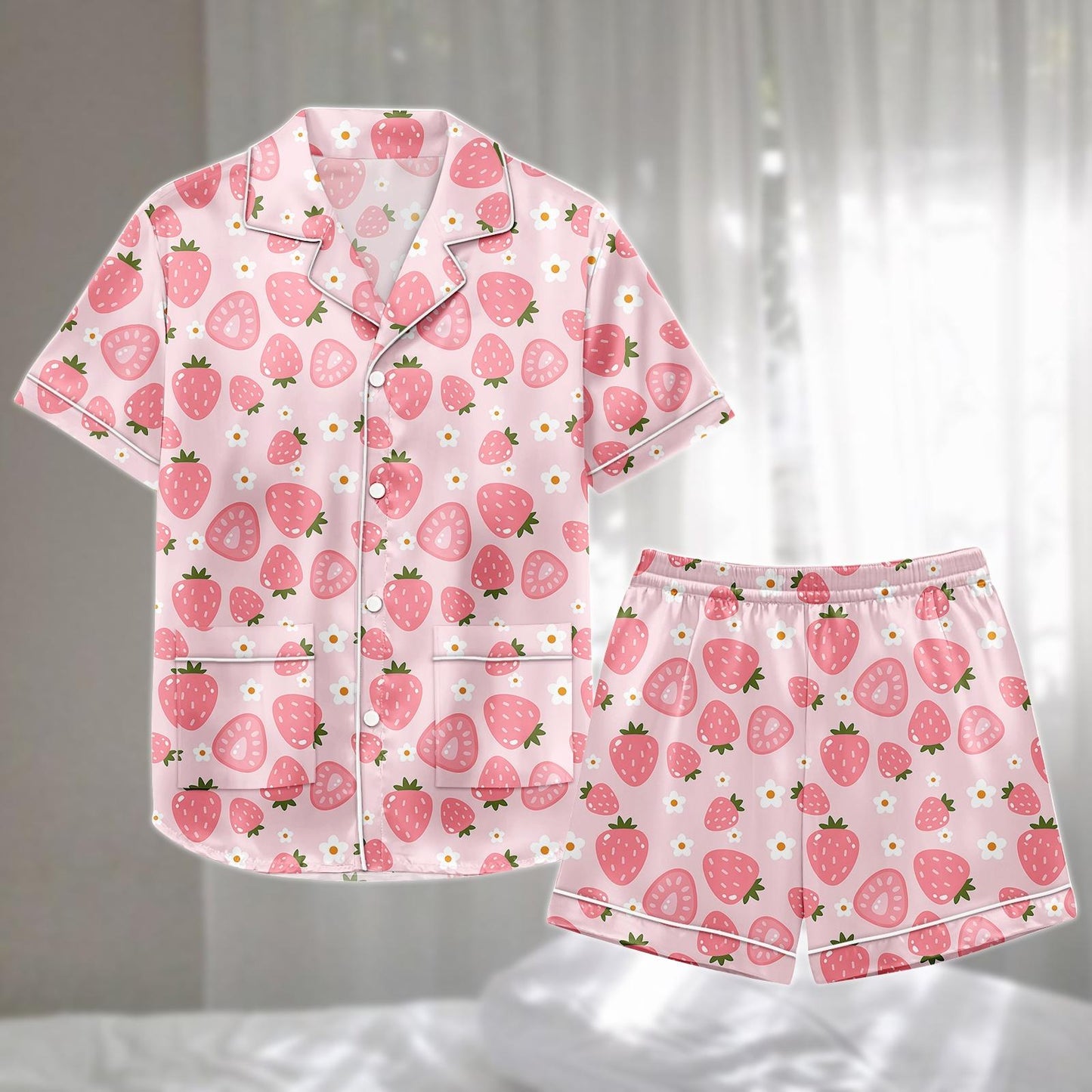 Pastel Strawberry Satin Pajamas Set, Pink Short Loungewear Set With Hearts And Daisies, Adorable Matching Pajamas, Gift For Her