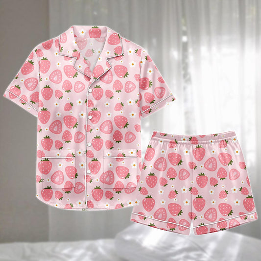Pastel Strawberry Satin Pajamas Set, Pink Short Loungewear Set With Hearts And Daisies, Adorable Matching Pajamas, Gift For Her