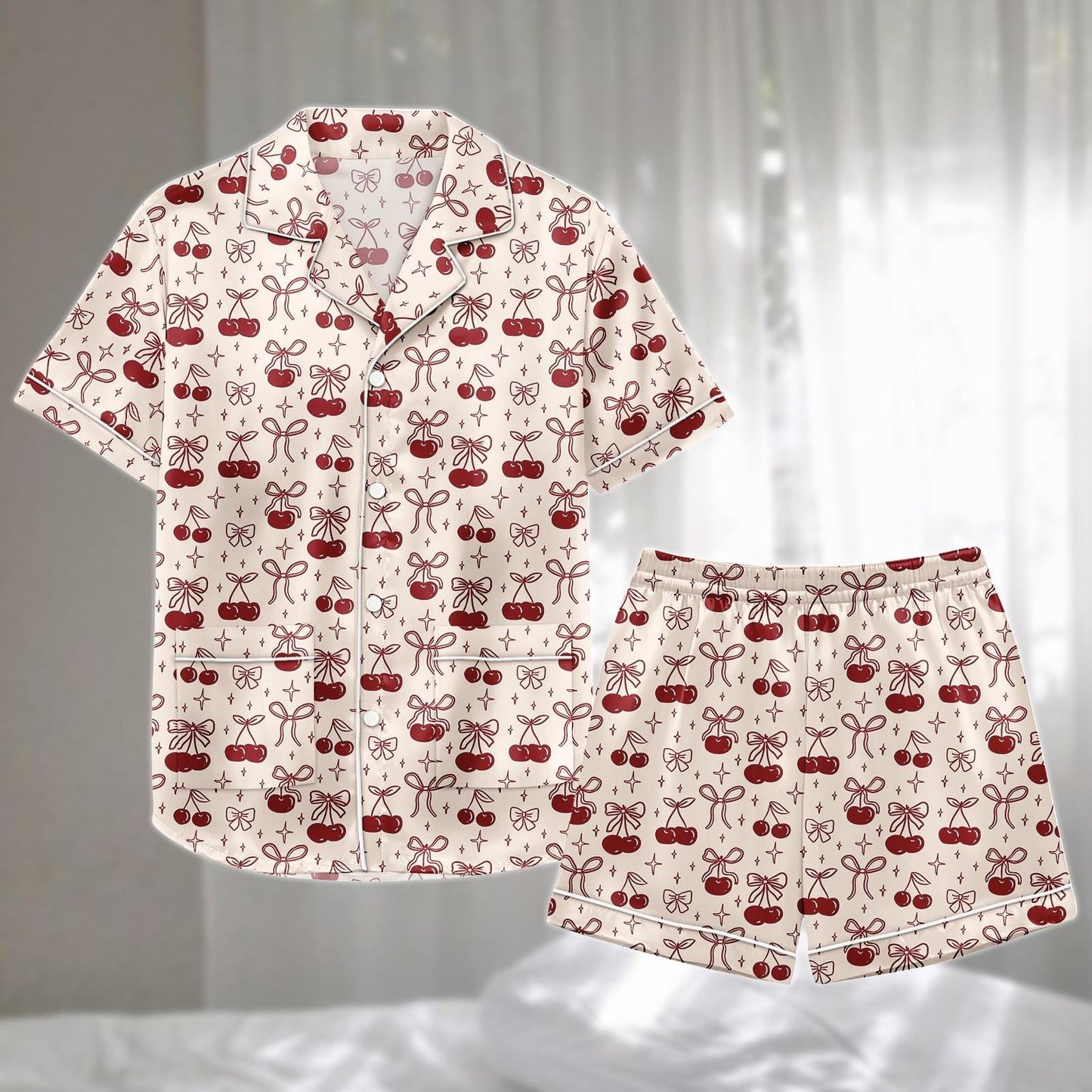Cherry Bow Satin Pajamas Short Set, Red Fruit And Ribbon Sleepwear, Coquette Aesthetic Loungewear, Cute Holiday Pajamas, Gift For Her