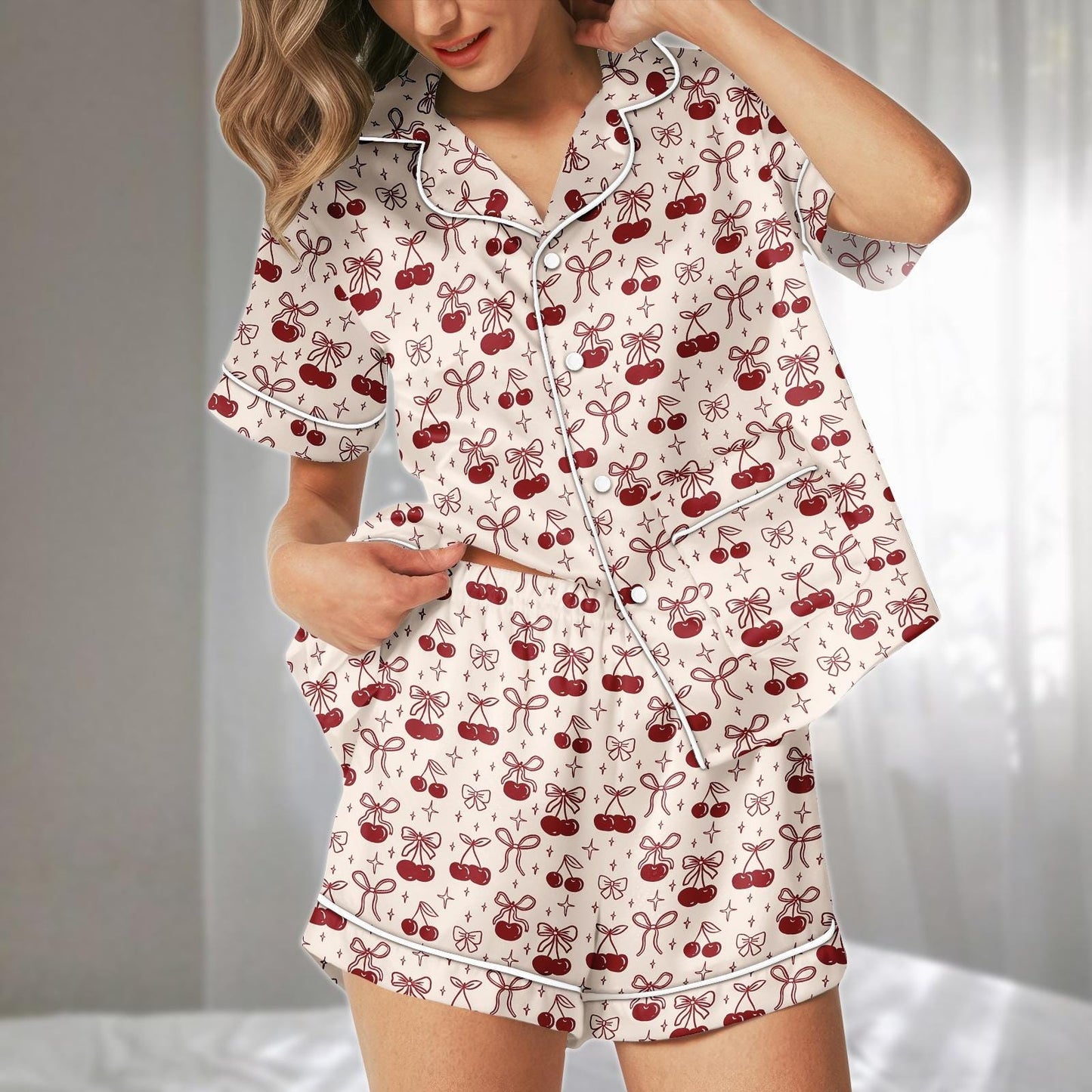 Cherry Bow Satin Pajamas Short Set, Red Fruit And Ribbon Sleepwear, Coquette Aesthetic Loungewear, Cute Holiday Pajamas, Gift For Her