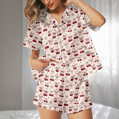 Cherry Bow Satin Pajamas Short Set, Red Fruit And Ribbon Sleepwear, Coquette Aesthetic Loungewear, Cute Holiday Pajamas, Gift For Her