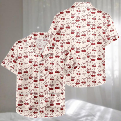 Cherry Bow Satin Pajamas Short Set, Red Fruit And Ribbon Sleepwear, Coquette Aesthetic Loungewear, Cute Holiday Pajamas, Gift For Her