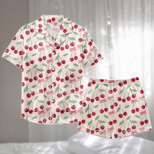 Cherry Bow Satin Pajamas Short Set, Cute Pink Ribbon And Fruit Print Sleepwear, Coquette Summer Pjs, Holiday Pajamas, Funny Gift