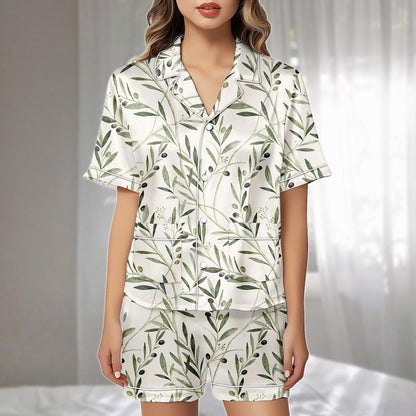 Olive Satin Pajamas Set, Mediterranean Botanical Sleepwear, Elegant Nature Inspired Short Loungewear, Cute Matching Pjs, Gift For Her