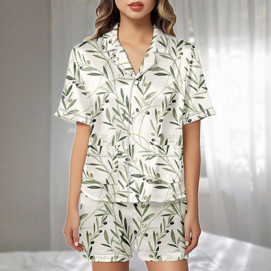 Olive Satin Pajamas Set, Mediterranean Botanical Sleepwear, Elegant Nature Inspired Short Loungewear, Cute Matching Pjs, Gift For Her