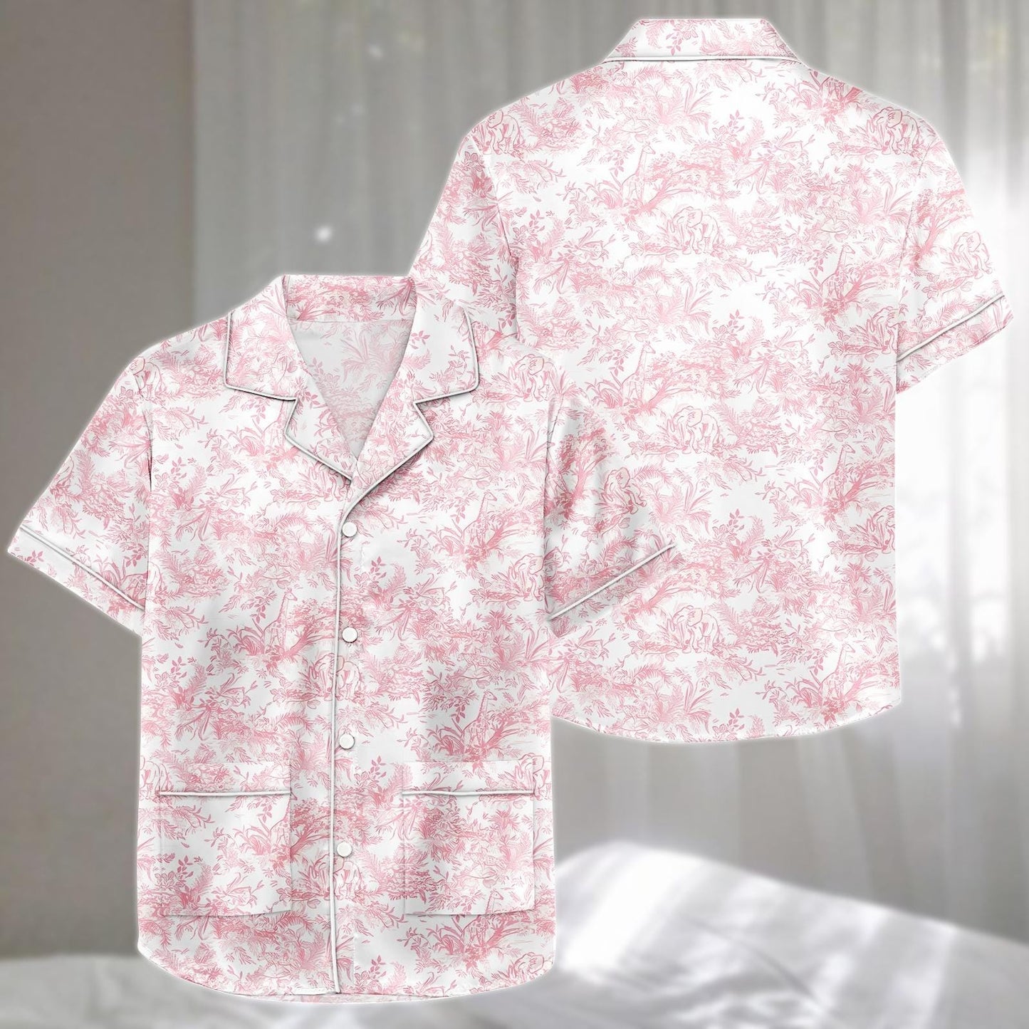 Toile De Jouy Satin Pajamas Short Set, Pink French Vintage Sleepwear, Elegant Romantic Loungewear, Matching Pajamas Set, Funny Gift