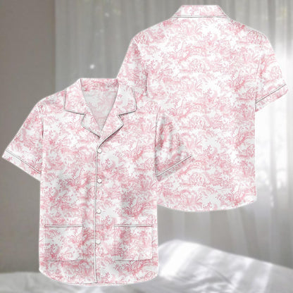 Toile De Jouy Satin Pajamas Short Set, Pink French Vintage Sleepwear, Elegant Romantic Loungewear, Matching Pajamas Set, Funny Gift