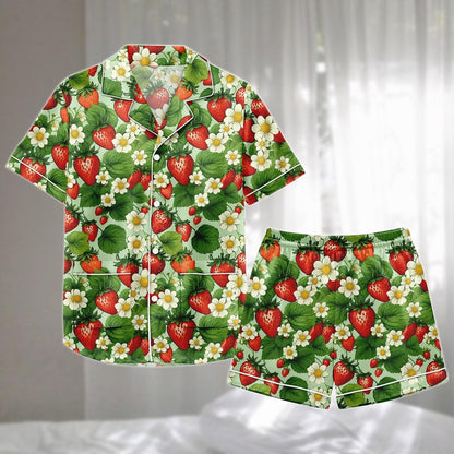 Strawberry Floral Satin Short Pajamas Set, Summer Fruit Print Sleepwear, Cute Garden Loungewear, Cute Matching Pajamas, Gift For Her