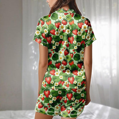 Strawberry Floral Satin Short Pajamas Set, Summer Fruit Print Sleepwear, Cute Garden Loungewear, Cute Matching Pajamas, Gift For Her