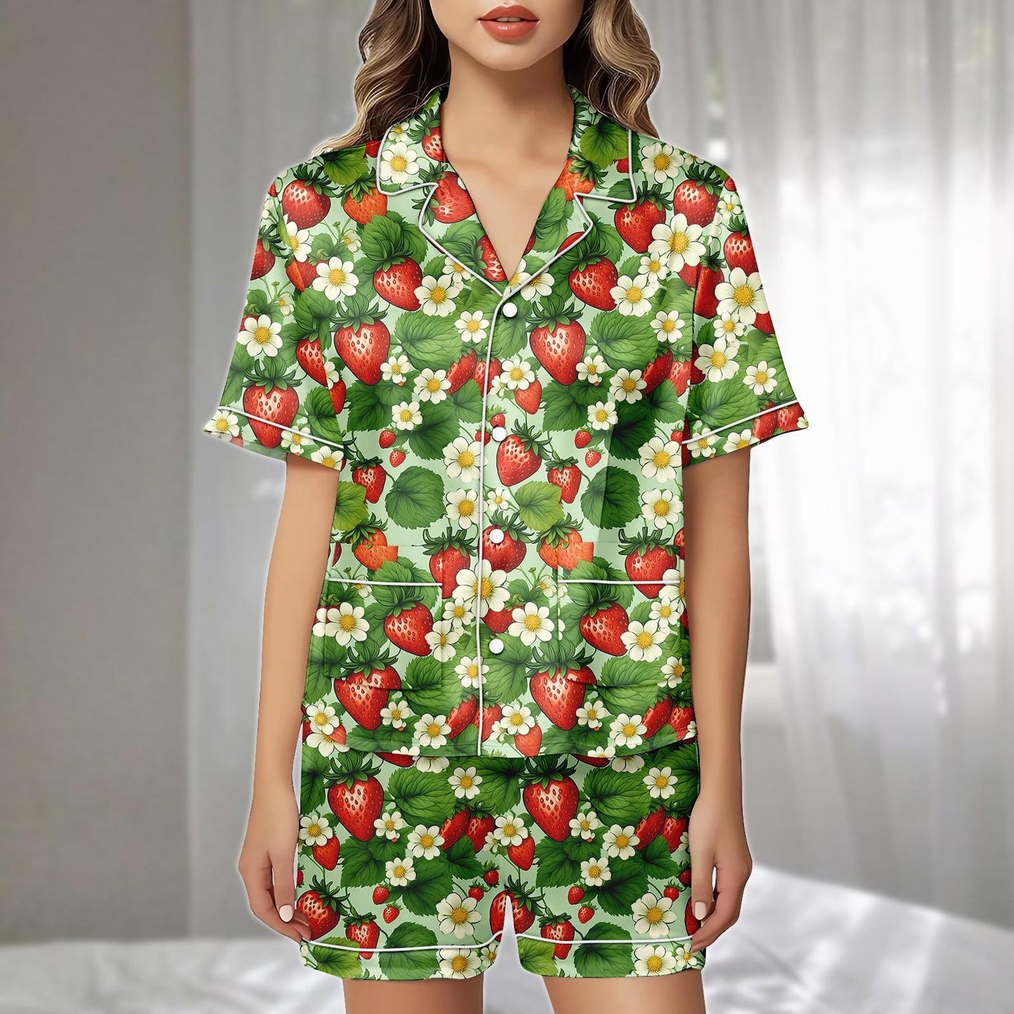 Strawberry Floral Satin Short Pajamas Set, Summer Fruit Print Sleepwear, Cute Garden Loungewear, Cute Matching Pajamas, Gift For Her