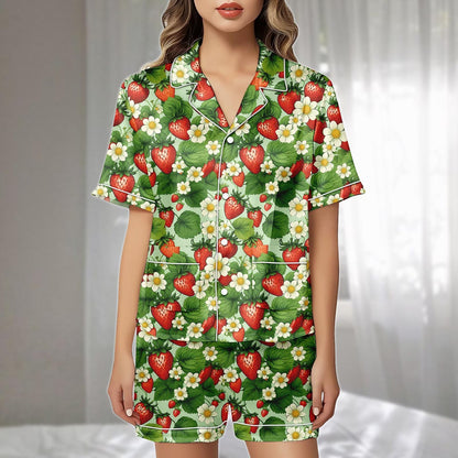 Strawberry Floral Satin Short Pajamas Set, Summer Fruit Print Sleepwear, Cute Garden Loungewear, Cute Matching Pajamas, Gift For Her
