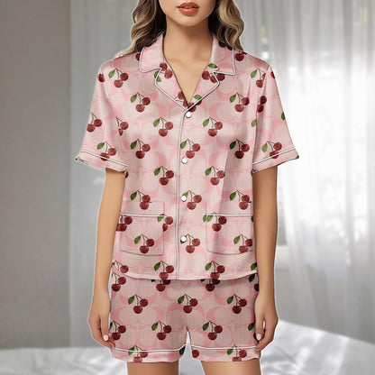 Cherry Satin Pajamas Set, Pink Retro Fruit Pattern Short Sleepwear, Cute Girly Loungewear, Family Matching Pajamas, Gift For Her
