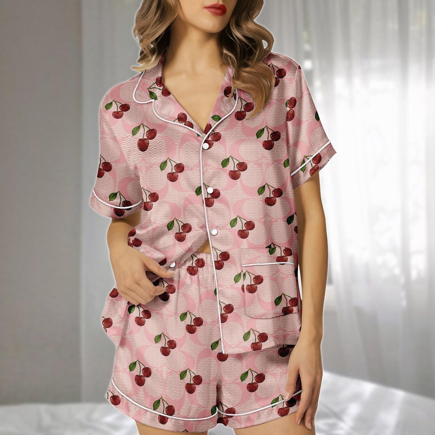 Cherry Satin Pajamas Set, Pink Retro Fruit Pattern Short Sleepwear, Cute Girly Loungewear, Family Matching Pajamas, Gift For Her