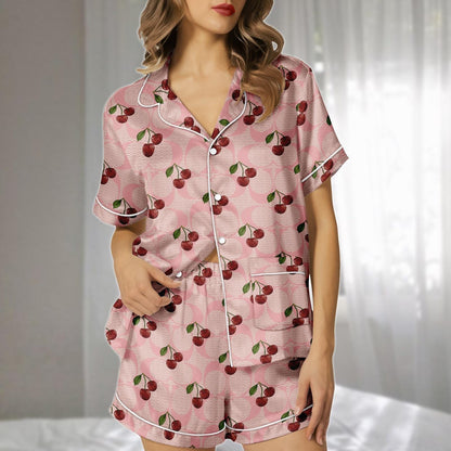 Cherry Satin Pajamas Set, Pink Retro Fruit Pattern Short Sleepwear, Cute Girly Loungewear, Family Matching Pajamas, Gift For Her