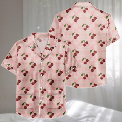 Cherry Satin Pajamas Set, Pink Retro Fruit Pattern Short Sleepwear, Cute Girly Loungewear, Family Matching Pajamas, Gift For Her