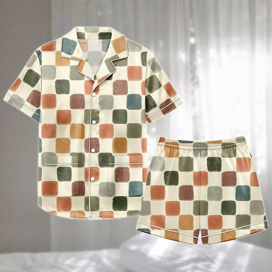 Retro Checkered Satin Pajamas Set, Colorful Square Print Sleepwear, Artistic Minimal Loungewear, Cute Matching Pajamas, Funny Gift