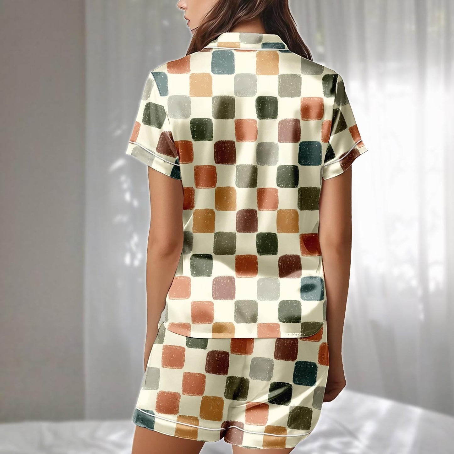 Retro Checkered Satin Pajamas Set, Colorful Square Print Sleepwear, Artistic Minimal Loungewear, Cute Matching Pajamas, Funny Gift