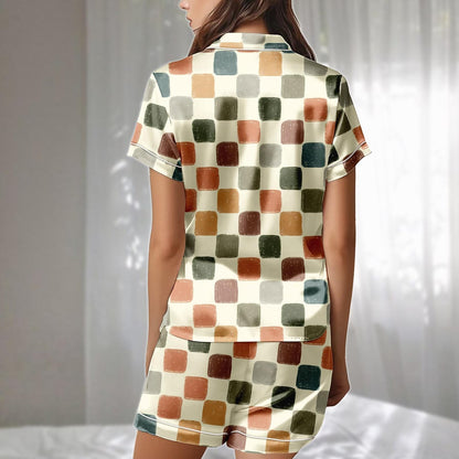 Retro Checkered Satin Pajamas Set, Colorful Square Print Sleepwear, Artistic Minimal Loungewear, Cute Matching Pajamas, Funny Gift