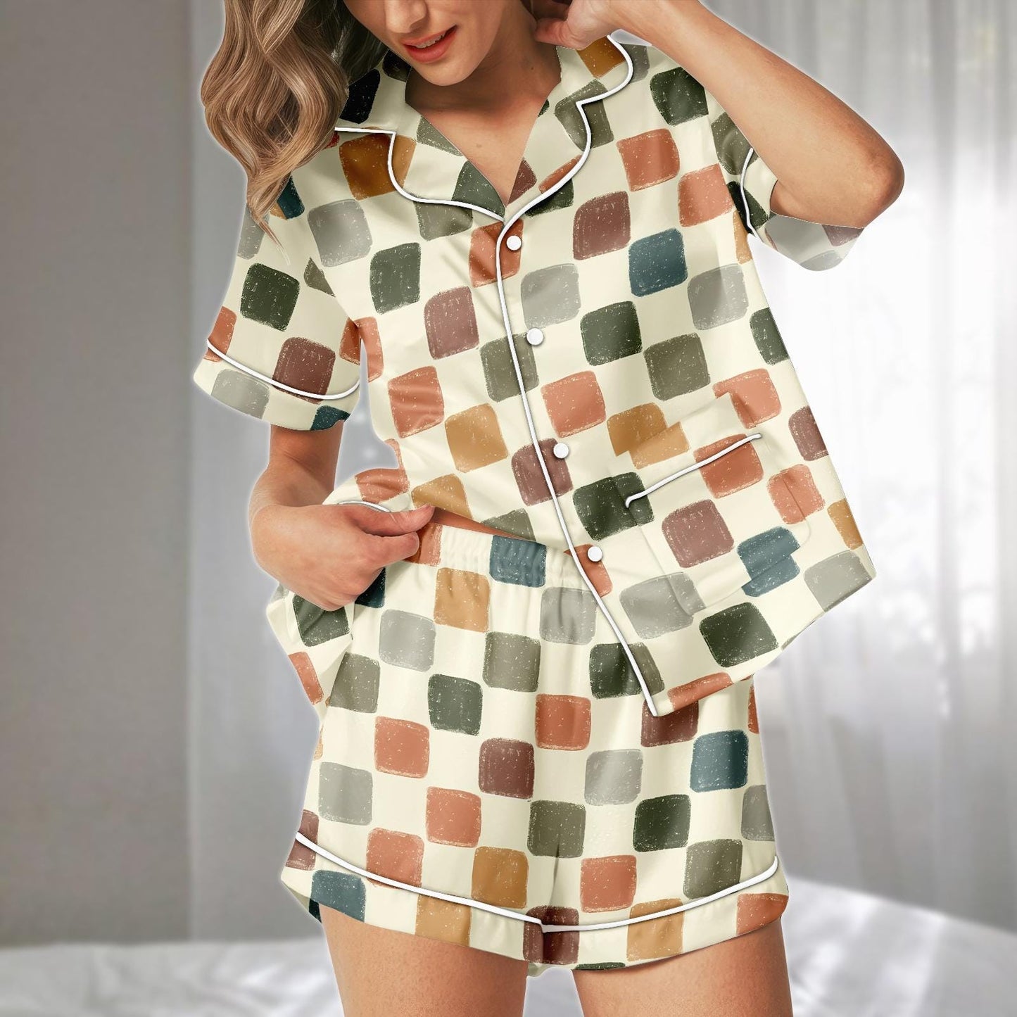 Retro Checkered Satin Pajamas Set, Colorful Square Print Sleepwear, Artistic Minimal Loungewear, Cute Matching Pajamas, Funny Gift