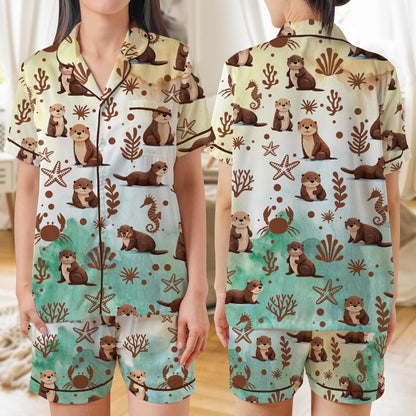 Sea Otter AOP Satin Short-Sleeve Pajamas Set, Cute Marine Animal Sleepwear, Soft Silky Loungewear for Women Men, Ocean Lover Gift Set
