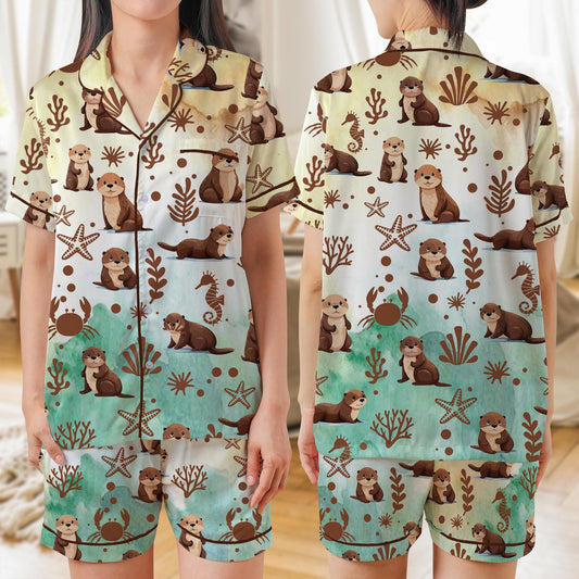 Sea Otter AOP Satin Short-Sleeve Pajamas Set, Cute Marine Animal Sleepwear, Soft Silky Loungewear for Women Men, Ocean Lover Gift Set