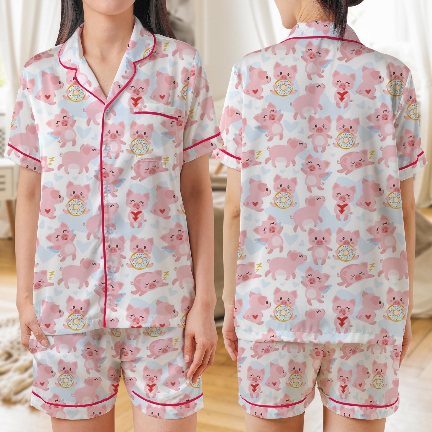 Piggies Pink AOP Satin Short-Sleeve Pajamas Set, Cute Farm Animal Sleepwear, Silky Soft Pajamas Set for Women Men, Funny Pig Lover Gift