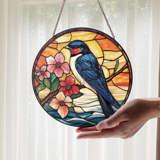 Barn Swallow Stained Glass Suncatcher – Colorful Bird Window Hanging with Flowers and Sunset, Nature Lover Gift or Spring Summer Decor