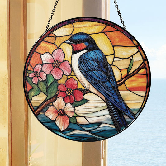 Barn Swallow Stained Glass Suncatcher – Colorful Bird Window Hanging with Flowers and Sunset, Nature Lover Gift or Spring Summer Decor