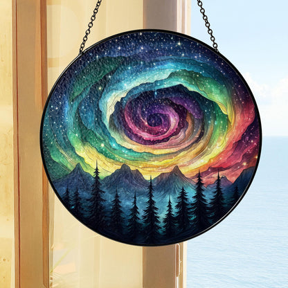 Galaxy Swirl Stained Glass Suncatcher – Rainbow Night Sky Window Hanging with Forest and Stars, Cosmic Art Decor for Nature or Space Lovers