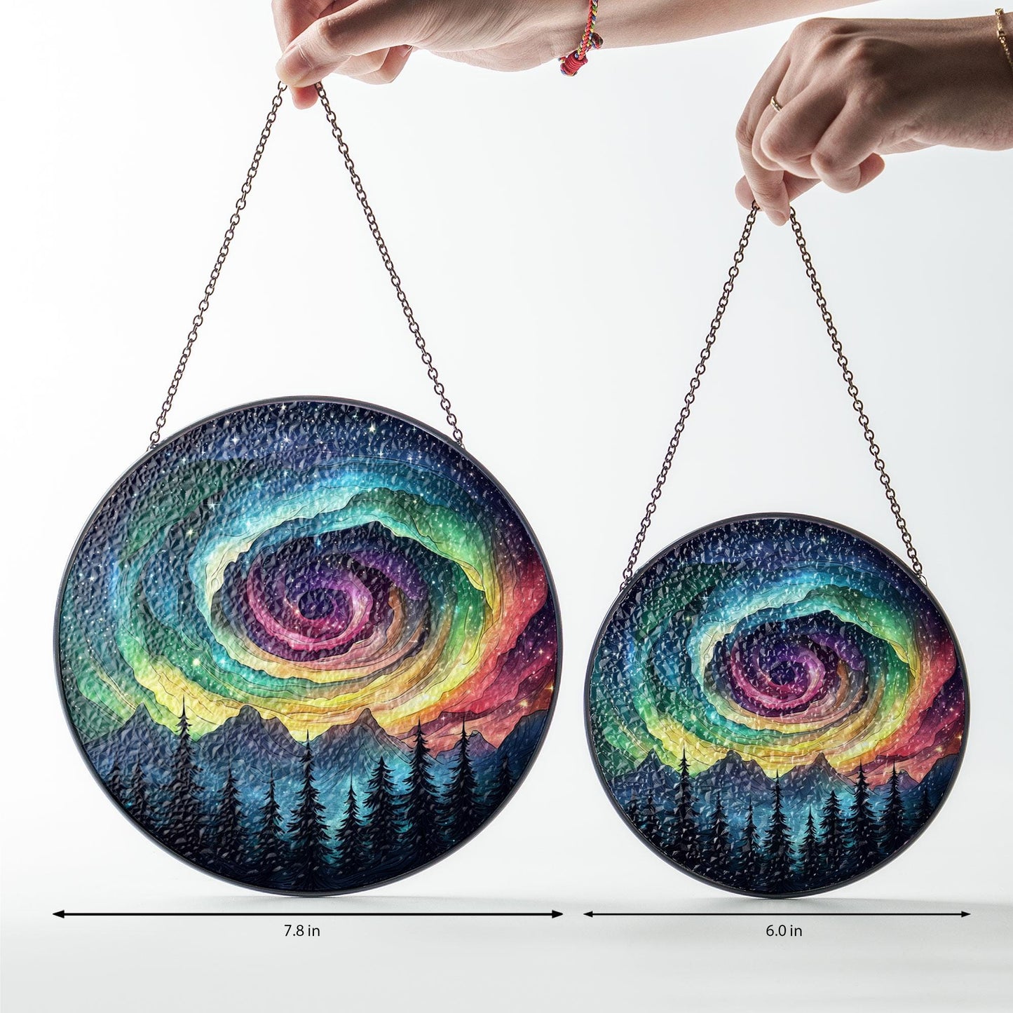 Galaxy Swirl Stained Glass Suncatcher – Rainbow Night Sky Window Hanging with Forest and Stars, Cosmic Art Decor for Nature or Space Lovers