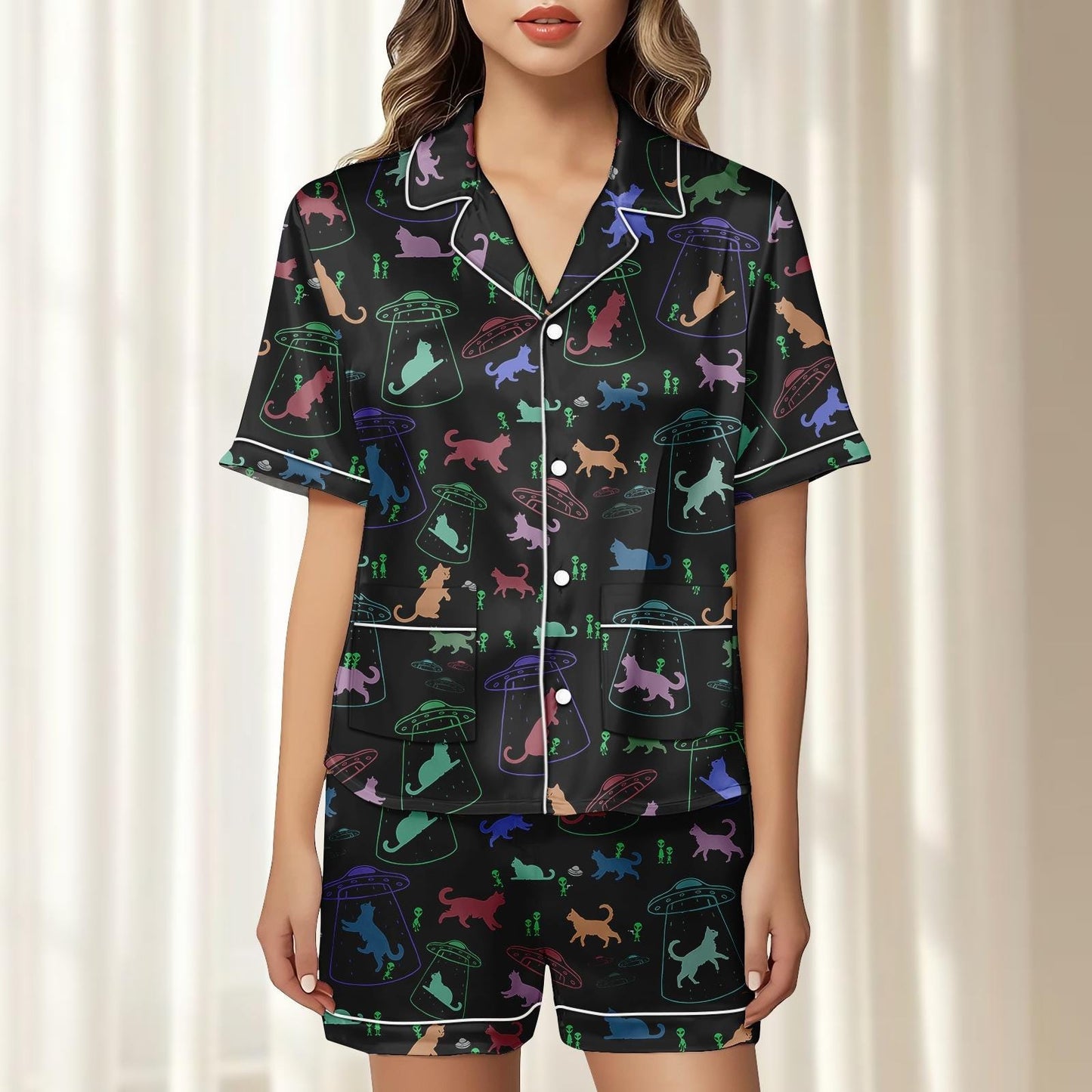 Alien Cat Satin Pajamas Short Set, Ufo Women Sleepwear, Funny Sci Fi Pjs, Cat Women Loungewear, Cute Galaxy Cat Pjs, Halloween Gift