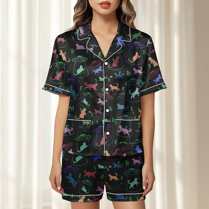 Alien Cat Satin Pajamas Short Set, Ufo Women Sleepwear, Funny Sci Fi Pjs, Cat Women Loungewear, Cute Galaxy Cat Pjs, Halloween Gift