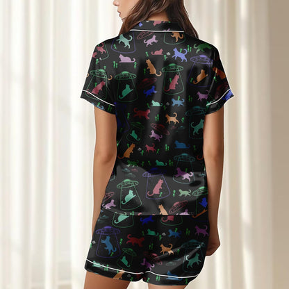 Alien Cat Satin Pajamas Short Set, Ufo Women Sleepwear, Funny Sci Fi Pjs, Cat Women Loungewear, Cute Galaxy Cat Pjs, Halloween Gift