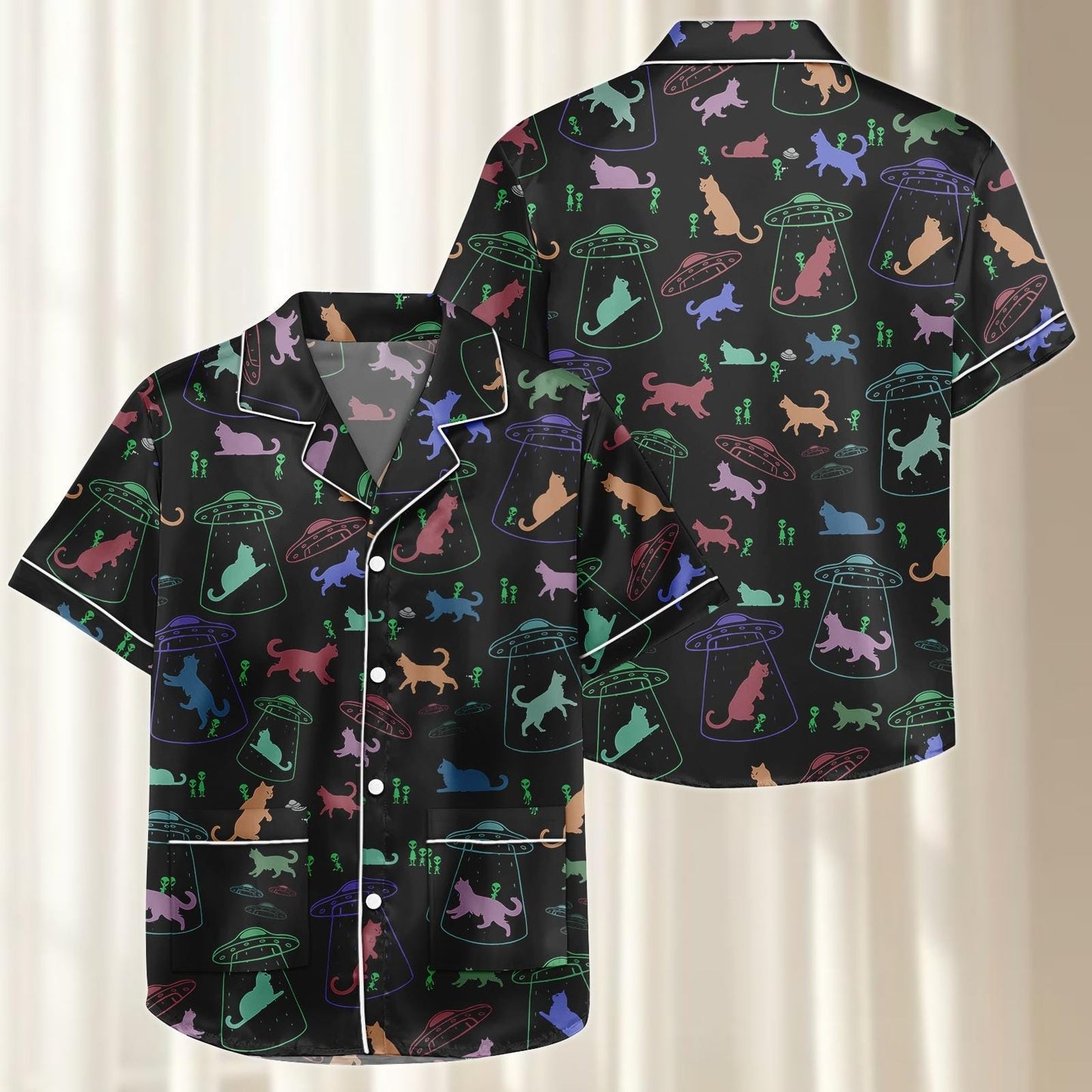 Alien Cat Satin Pajamas Short Set, Ufo Women Sleepwear, Funny Sci Fi Pjs, Cat Women Loungewear, Cute Galaxy Cat Pjs, Halloween Gift