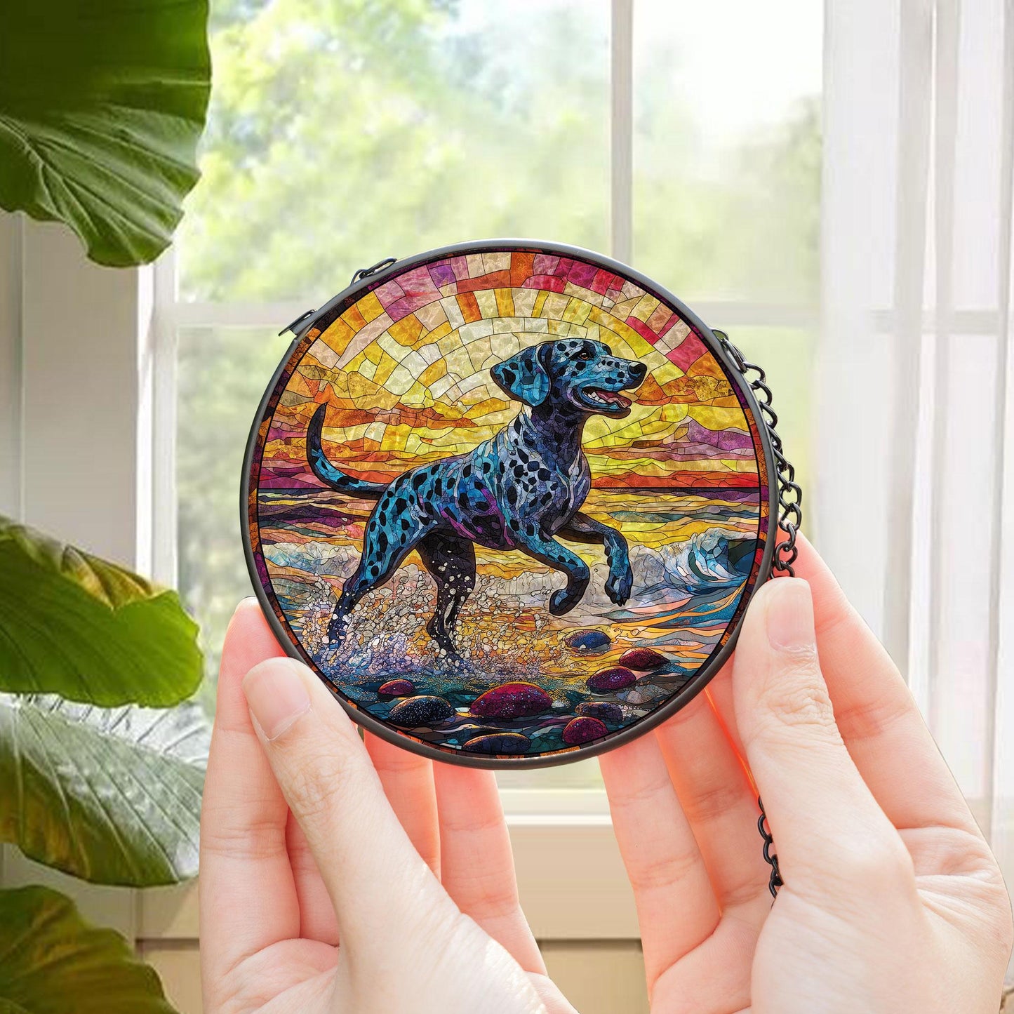 Dalmatian Dog Beach Stained Glass Suncatcher, Dog Memorial Sun Catcher for Pet Lovers, Rainbow Bridge Decor, Beach Window Hanging Glass Art
