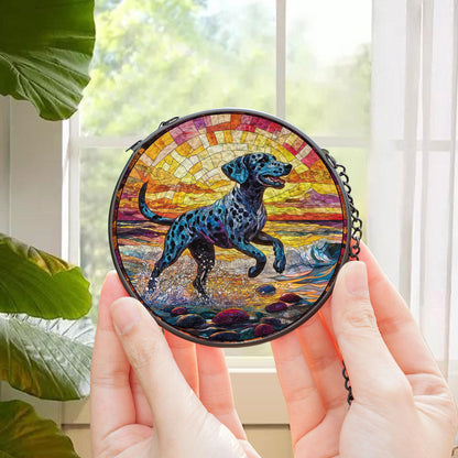 Dalmatian Dog Beach Stained Glass Suncatcher, Dog Memorial Sun Catcher for Pet Lovers, Rainbow Bridge Decor, Beach Window Hanging Glass Art