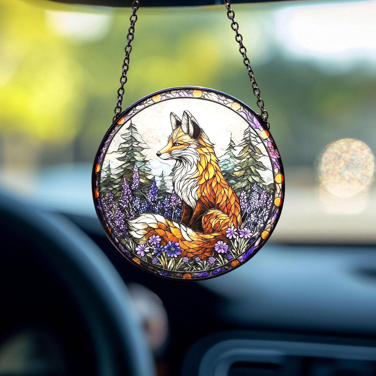 Fox Stained Glass Suncatcher – Woodland with Red Fox and Purple Flowers, Nature Decor, Gift for Forest and Animal Lovers, Forest Wall Decor