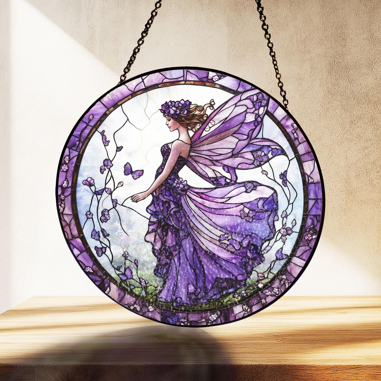Purple Butterfly Fairy Glass Suncatcher, Fairy Garden Decor, Butterfly Fairy Ornament, Fantasy Decor, Magical Decor, Gift for Fantasy Lovers
