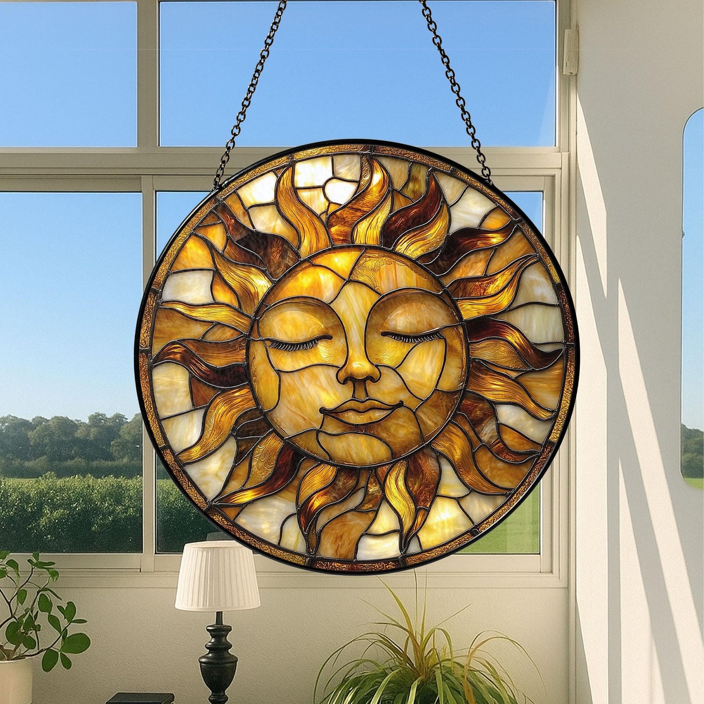 Golden Sun Face Stained Glass Suncatcher,  Boho Window Hanging for Spiritual Home, Sun Decor, Gift for Nature Lovers, Astrology Lovers Gift