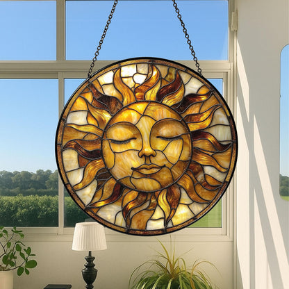 Golden Sun Face Stained Glass Suncatcher,  Boho Window Hanging for Spiritual Home, Sun Decor, Gift for Nature Lovers, Astrology Lovers Gift