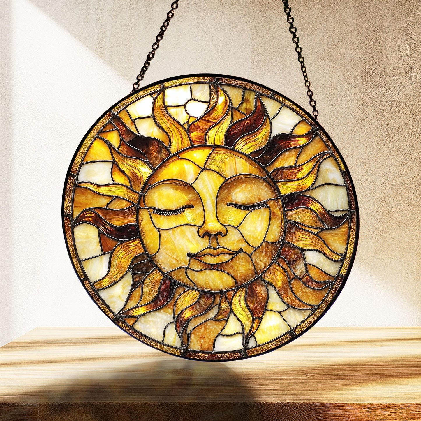 Golden Sun Face Stained Glass Suncatcher,  Boho Window Hanging for Spiritual Home, Sun Decor, Gift for Nature Lovers, Astrology Lovers Gift