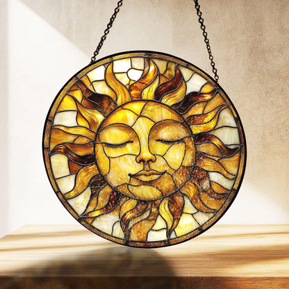 Golden Sun Face Stained Glass Suncatcher,  Boho Window Hanging for Spiritual Home, Sun Decor, Gift for Nature Lovers, Astrology Lovers Gift