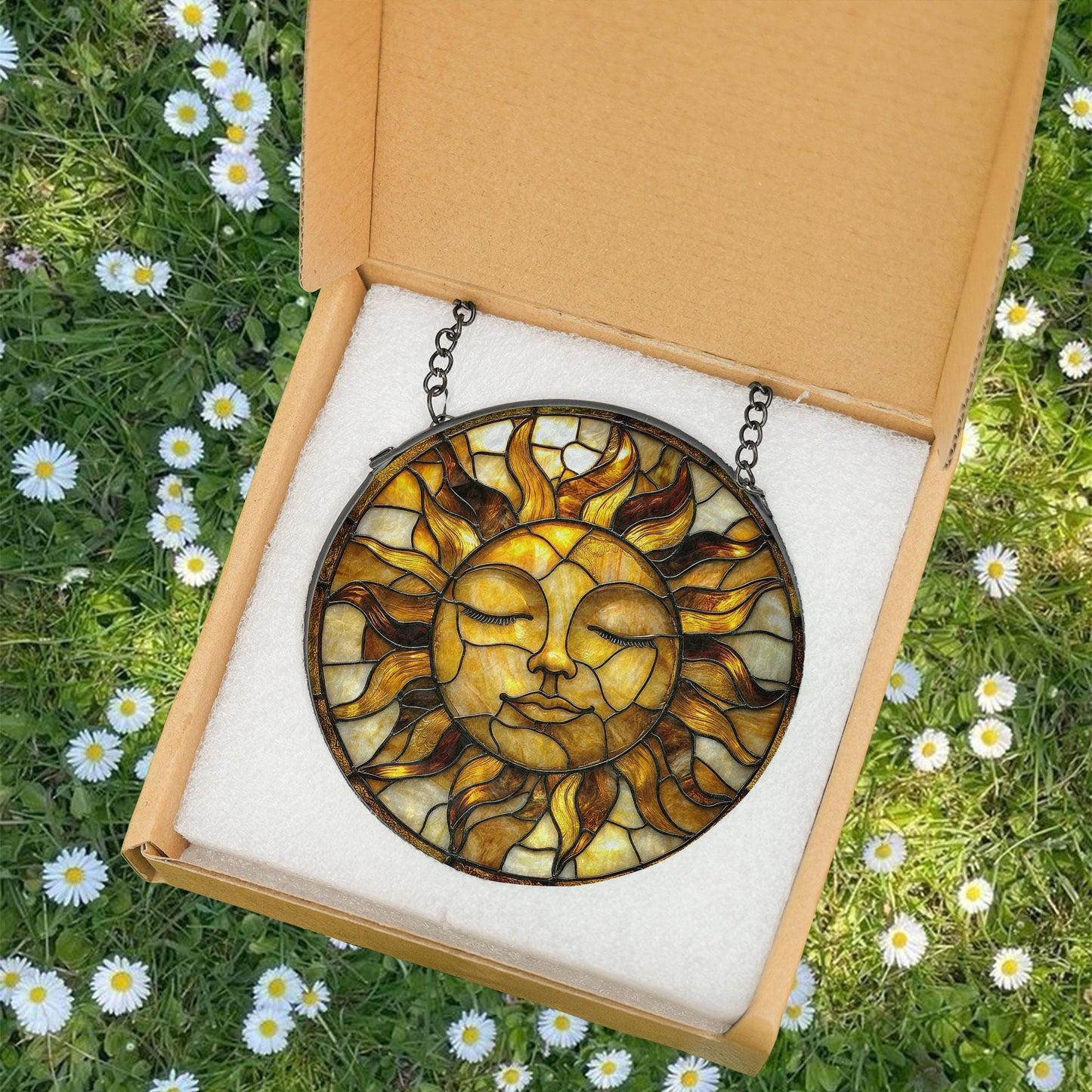 Golden Sun Face Stained Glass Suncatcher,  Boho Window Hanging for Spiritual Home, Sun Decor, Gift for Nature Lovers, Astrology Lovers Gift